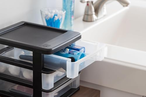 Image of IRIS USA 2-Pack, 3-Drawer Small Plastic Stacking Desktop Organizer, Black | Keep dorm desks tidy with drawers for school supplies, makeup, chargers, snacks and everyday college essentials