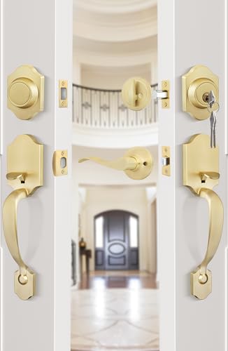 Image of Goldenwarm Double Front Door Lock Set, Gold Double Door Handlewith Dummy, Double Classic Front Door Hardware Set with Reversible Wave Handle Lever, Double Entry Door Lock Set