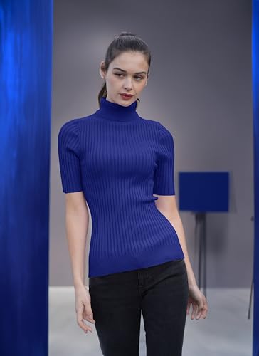 Image of v28 Women Turtleneck 1 /2 Half Sleeve Highly Stretchy Ribbed Knit Fitted Sweater