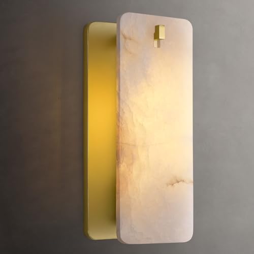 Image of 12 Inch Alabaster Wall Sconce, Natural Spanish Stone Brass Gold Wall Light, Modern Marble Sconces Dimmable E12 Hardwired Rectangular Vanity Light Fixture for Bathroom Mirror, Hallway Corridor(1 Pcs)