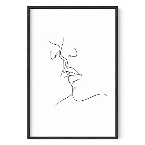 HAUS AND HUES Couple Kissing Wall Art Outline Poster - Woman Silhouette Minimalist Decor Bedroom Line Art (Black Frame, 24x36)