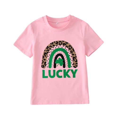MODNTOGA Kids Girl St Patricks Day Shirt Leopard Rainbow Graphic Tee Lucky Shamrock T-Shirt Green Clover Short Sleeve Tops