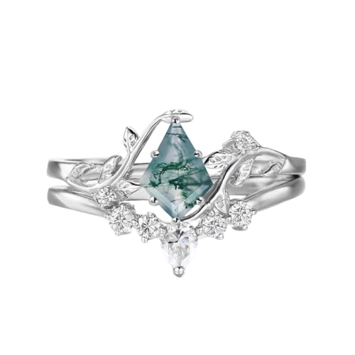 1-5ct Gemstone and Moissanite Wedding Ring Sets for Women 10K 14K 18K Solid Gold Kite Cut Birthstone Gemstone Bridal Ring Set Art Deco Vine Leaf Engagement Ring Sets 2pcs Free Engraved