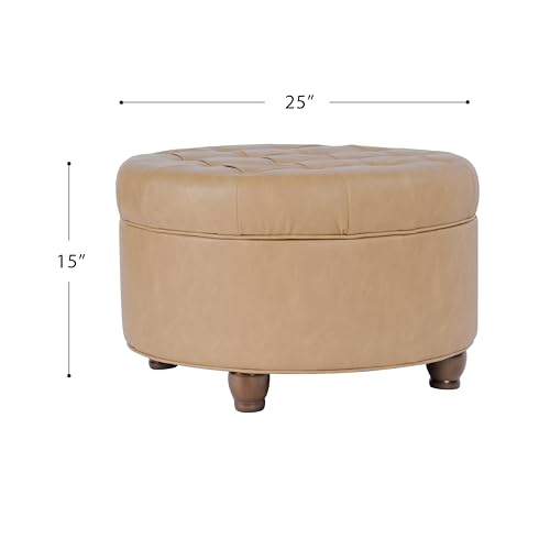 Image of HomePop 25 inch Button Tufted Round Storage Ottoman - Sand Faux Leather