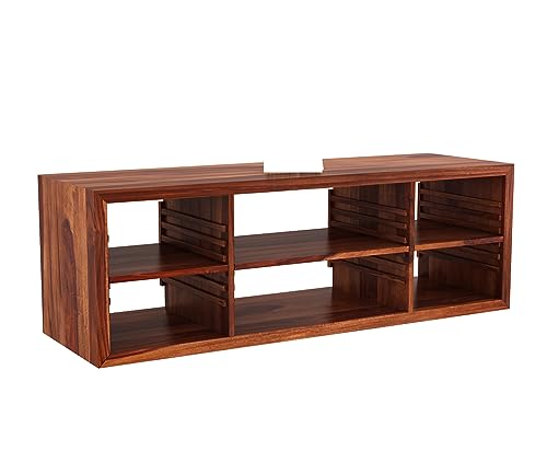 Image of Elegant Solid Sheesham Wood TV Unit for Living Room - 6 Adjustable Shelves, Accommodates up to 60-Inch TV (Dallas, Honey Finish)