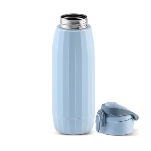 Image of JAYPEE Aquavita Insulated Inner Stainless Steel Water Bottle for School Kids with Wide Mouth|Foldable Handle to Carry|Hot & Cold Bottle Leakproof Screw Lid Flip Top with Silicon Seal|600 ml, Blue