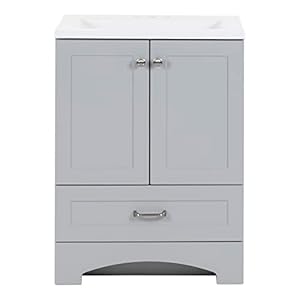 Spring Mill Cabinets Emlyn 24 Inch Bathroom Vanity with White Single Sink Top, 2-Door Cabinet, 1 Drawer, 24.5″ W x 18.75″ D x 32.89″ H, Pearl Gray