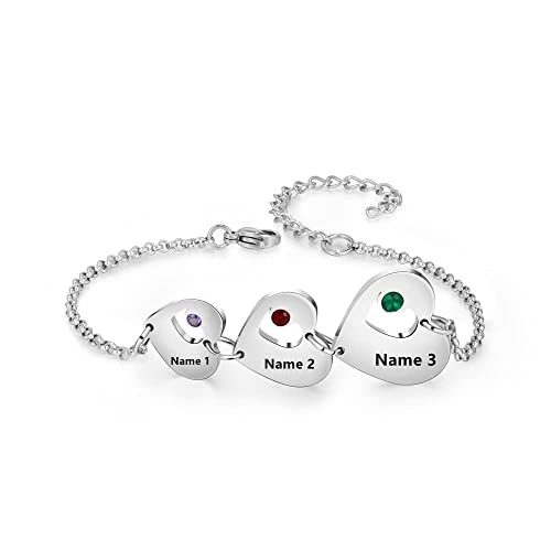 Personalized Name Heart Bracelet with 1-6 Birthstones Custom Bracelet for Women Engraved Names Link Bracelets for Mother's Day Mom