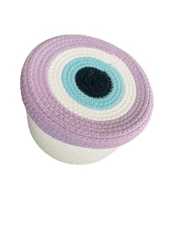 Image of Round Cotton Rope Evil Eye Storage Basket with Lid, Decorative Woven Storage Bin, Pot, Caddy, Organizer, Container for Snacks, Plants, 8x8x5 Inches Multicolor (Purple)