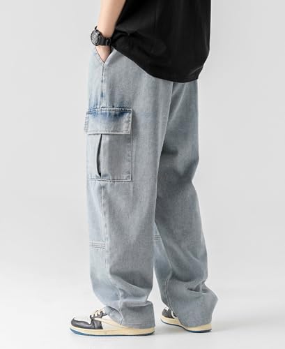 Men's Baggy Straight Jeans Wide Leg Denim Cargo Pants Casual Loose Fit Hip Hop Long Trousers Streetwear3