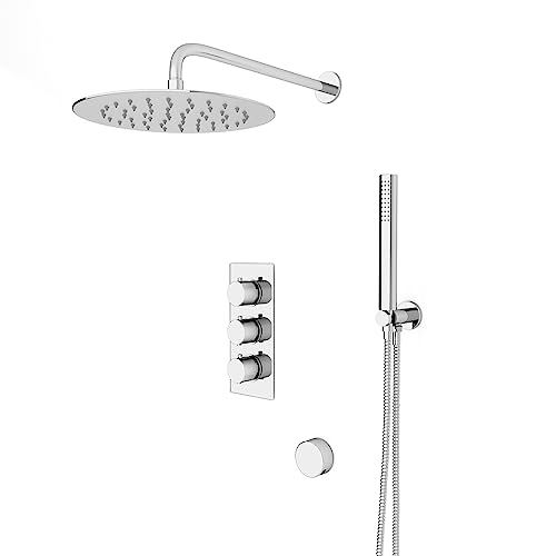 Image of Nes Home Round 3 Way Concealed Thermostatic Shower Mixer Valve, Shower Head, Handset, Bath Filler Set Chrome