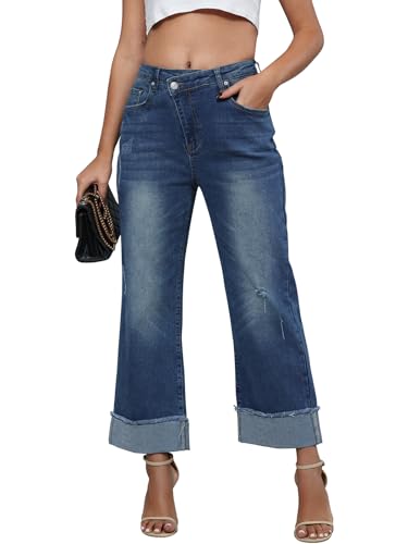 Genleck Wide Leg Cropped Jeans for Women Trendy High Waisted Crossover Boyfriend Jeans Mom Baggy Stretchy Denim (Dark Blue, S)