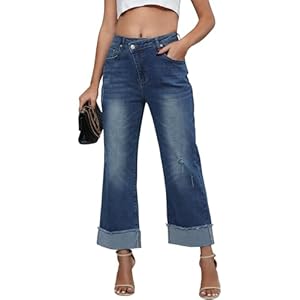 Genleck Wide Leg Cropped Jeans for Women Trendy High Waisted Crossover Boyfriend Jeans Mom Baggy Stretchy Denim