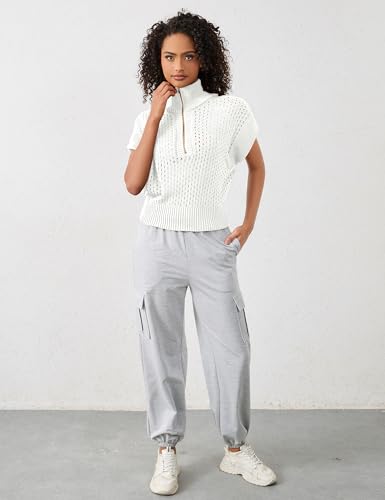 Image of Womens Spring Cap Sleeve Crochet Sweaters Loose Fit Quarter Zip Lightweight Hollow Out Beach Vacations Clothes