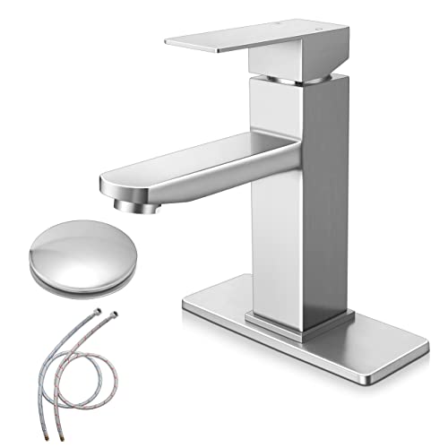 Herogo Brushed Nickel Bathroom Faucet, Stainless Steel Bathroom Sink Faucets With Brass Pop-Up Sink Drain Stopper & Deck Plate 1 Or 3 Hole, Single Handle Rv Lavatory Faucet With 2 Water Hoses #TOP7
