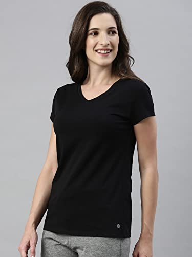Image of Enamor Short Sleeve Regular Length Pull On Basic V Neck T-Shirt for Women - Slim Fit, Soft and Breathable Stretch Cotton - E067