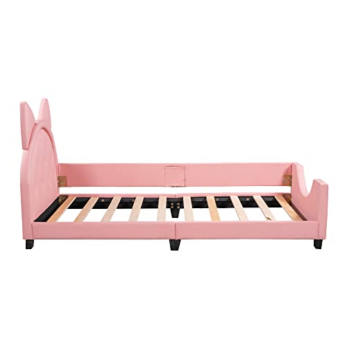 Softsea Cute Dayded Frame Upholstered Bed With Rabbit Headboard Pu Leather Platform Bed Frame With Wood Slats For Kids #TOP1