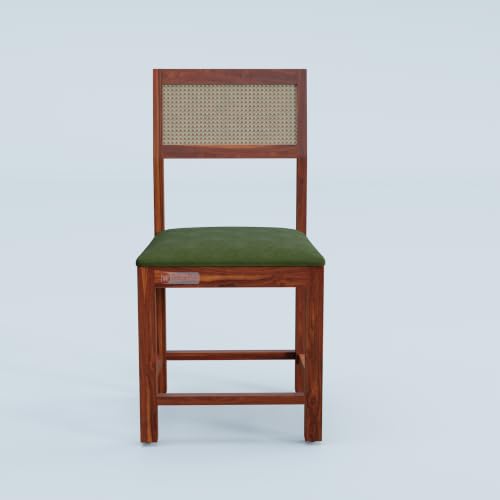 Image of DRIFTINGWOOD Amber Solid Sheesham Wood 6 Seater Dining Table Set with Rattan Back Chairs | Green Velvet Cushioned Seating for Home & Dining Room (Honey Finish, DIY)