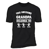 Mens This Awesome Grandpa Belongs to T-Shirt, Papa T-Shirt with Grandkids Names, New Grandpa T-Shirt, Custom Names for Grandchilds Cute Hand, Daddy Belongs to T-Shirt