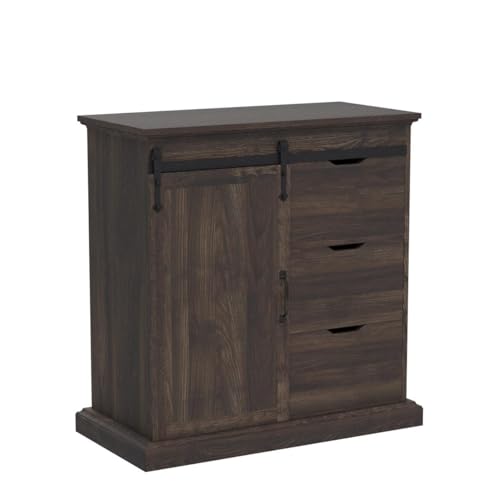 BELLEZE-Sideboard-Buffet-Cabinet-with-Storage-Console-Table-Coffee-Bar-Storage-Cabinet-with-1-Sliding-Barn-Door-and-3-Drawers-for-Living-Room-Kitchen-Dinning-Room-Dark-Walnut-315-L-x157-Wx318-H BELLEZE Sideboard Buffet Cabinet with Storage Console Table Coffee Bar Storage Cabinet with 1 Sliding Barn Door and 3 Drawers for Living Room Kitchen Dinning Room Dark Walnut 315 L x157 Wx318 H