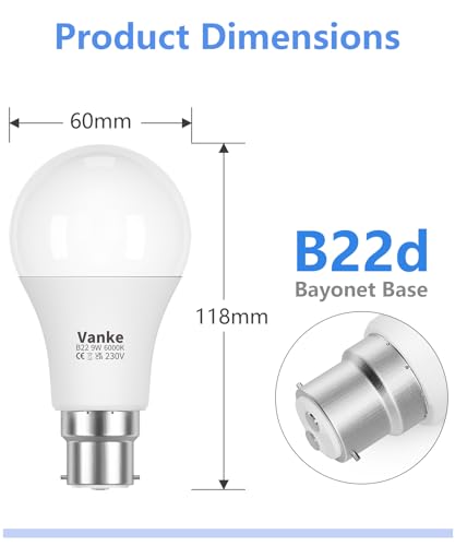 Vanke Bayonet Light Bulb 60w Equivalent, Cool White 6000K, 9w Energy Saver Bulb, 806 Lumen B22 LED Bulbs, Non-Dimmable,Pack of 3 - Image 4