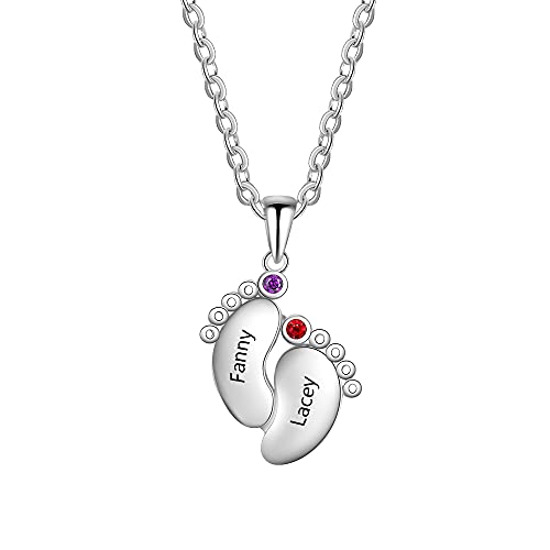 Collier prénom gravé avec pierres de naissance et pieds de bébé, un trésor pour maman