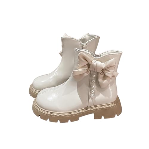 Girls Ankle Boots Fashion Ankle Booties Bow Pearl Side Zipper Low Heel Outdoor Winter Warm Combat Shoes (3-10 Years)