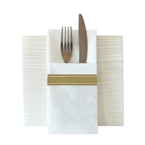 Serviettes en papier toucher lin pré-pliées avec fente couverts pour gagner du temps
