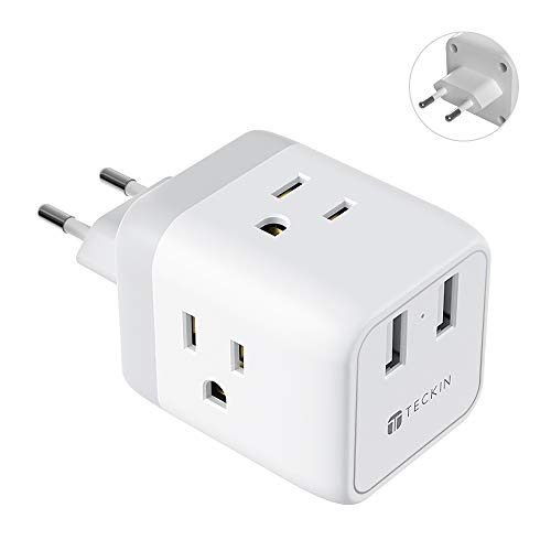 European Travel Plug Adapter,TECKIN Power Adapter with 3 American Outlets & 2 USB