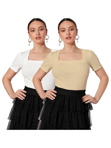 Image of Shasmi Women Polycotton Regular Fit Solid Knitted Square Neck T-Shirts Short Puff Sleeve Tops (TOP 52)