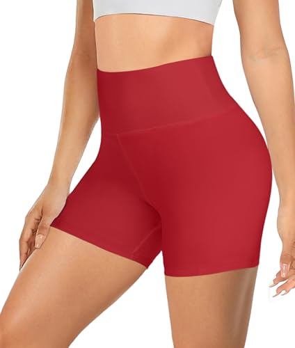 MOREFEEL High Waisted Biker Shorts for Women-Gym Bike Spandex Workout Shorts Tummy Control Shorts for Women Athletic Yoga Fitness Clothing Womens Shorts(Solid Red,S-M)