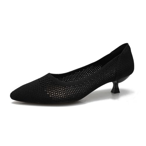 Slip On Kitten Pumps for Women Casual Pointed Toe Knit Heels Women's Closed Toe Low Kitten Heels Meeting Daily Work Dress Shoes Breathable Mesh 1.5