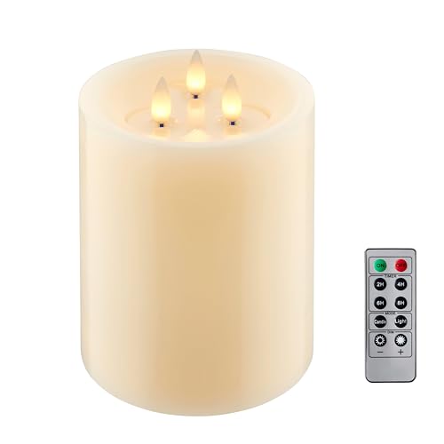 Image of 3-Wick Flameless Pillar Candle with Remote Timer, 3D Moving Flame Real Wax Led Candles (Ivory with Art Water top, 6.5in)