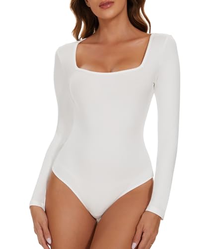 CARCOS Body de manga larga para mujer, elegante, sexy, cuello cuadrado, manga larga, Blanco, S