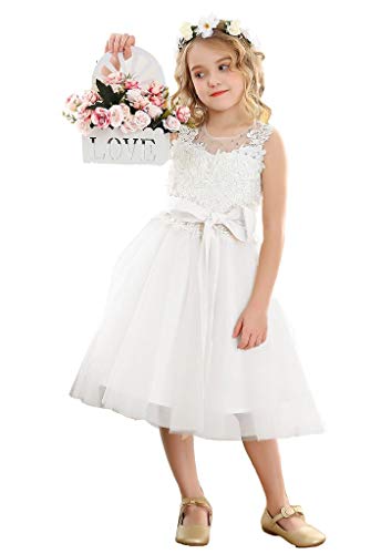 Bow Dream Lace Vintage Flower Girl's Dress Tulle Sleeveless White 6