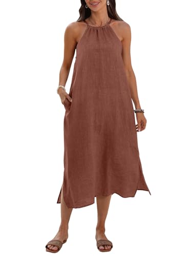 vinglam Women's 100% Linen Summer Midi Dress Casual Sleeveless Baggy Dresses with Slit Brown
