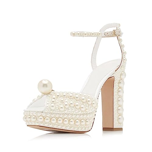 Image of Goolita Womens Open Toe Pearl Platform Heels For Women Chunky Buckle Ankle Strap Wedding Heeled Sandals Dress Evening Bride Bridal Shoes