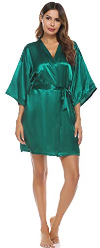 Vlazom Women's Kimono Robes Short Satin Silk Bridal Party Robe With Oblique V-Neck Green Medium #TOP3