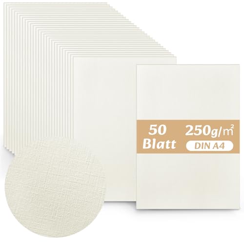 Faccito 50 Hojas de Cartulina Texturizada Blanco Marfil Tamaño DIN A4 21 x 29,7 Cm, 250g, con Relieve de Lino Cartulina Imprimible Ideal para Tarjetas Visita, Invitaciones Boda Tarjetas Cumpleaños