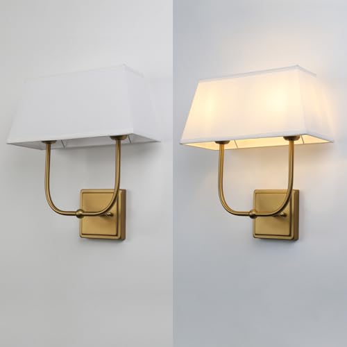 Image of PERMO Transitional Double Sconce 2 Lights Indoor Sconce Wall Lighting with White Textile Fabric Square Shade for Bedroom Bedside Living Room (Antique Brass)