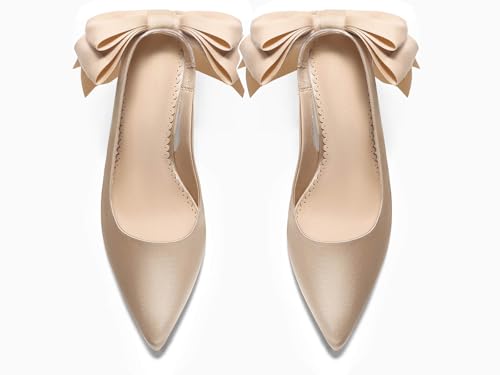 Image of Coutgo Womens Slingback High Heels with Bow Closed Pointed Toe Wedding Bride Dress Shoes Satin Pumps
