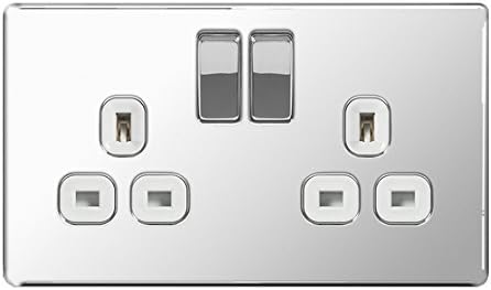 BG Flatplate Screwless 2 Gang 13A Switched Socket Chrome (White Inserts)