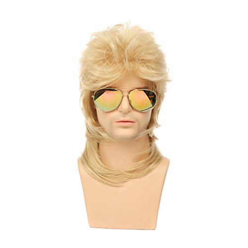 Image of Swiking Mullet Wigs for Men Gold 70s 80s Curly Retro Disco Rocker Punk Fancy Natural Party Cosplay Costume Hair Halloween Men and Women Replacement Wig Full Wigs Unisex(Gold)
