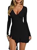 HYZ Women’s Sexy Bodycon V Neck Long Sleeve Mesh Ruffle Hem Cocktail Slit Mini Dress Black