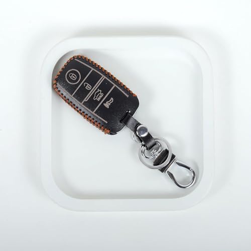 Image of Leather Smart Car Key Cover Case with Metal Hook Keychain for Kia Seltos, Carnival (Black)