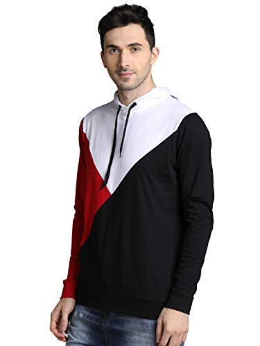 Image of LEWEL Men's Stylish Hooded Full Sleeve Colorblock T-Shirt (Red, White, Black)
