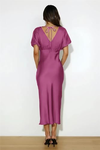 Image of Summer Satin V Neck Puffy Sleeves Empire Waist Midi Dresser Silk Sexy Tie Back Formal Cocktail Dresser for Women Wedding