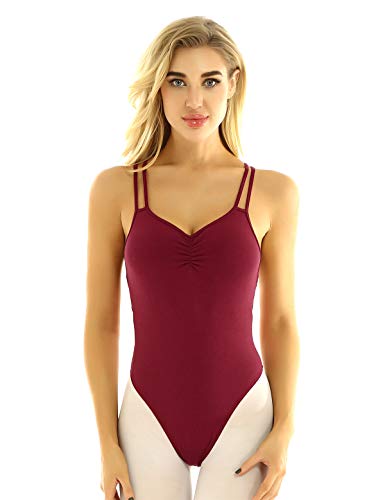 YiZYiF Collant feminino com alças duplas para balé, dança, camiseta, cruzado, Wine Red, Small