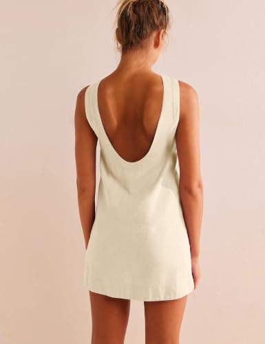 Image of VIUTIL Womens Summer Linen Mini Dress Boat Neck Low Back Sleeveless Tank Dresses with Pockets 2026 Vacation Outfits