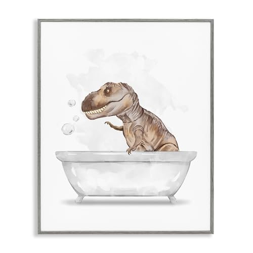 Image of T Rex Dino Bubble Bath Bathroom, 24 x 30 Inch Framed Giclee Print | Stupell Industries . By Ziwei Li . Ready to hang . Fun kids bathroom decor . Made in USA